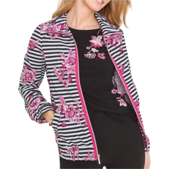 Chico's ZENERGY pink Floral black white stripes zip up jacket pockets small - Picture 15 of 15